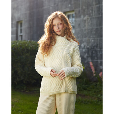 Women's Irish Cable Knitted Side Zip Cardigan - Natural